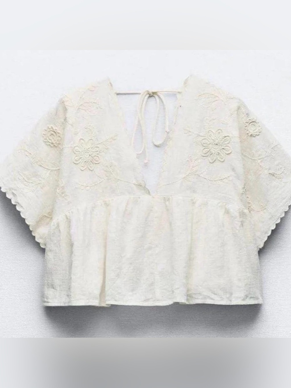 Zara Linen Embroidered V-Neck Peasant Blouse - Cream